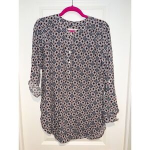 Ann Taylor Loft Popover Blouse Top 1/4 Button Sz M long sleeves